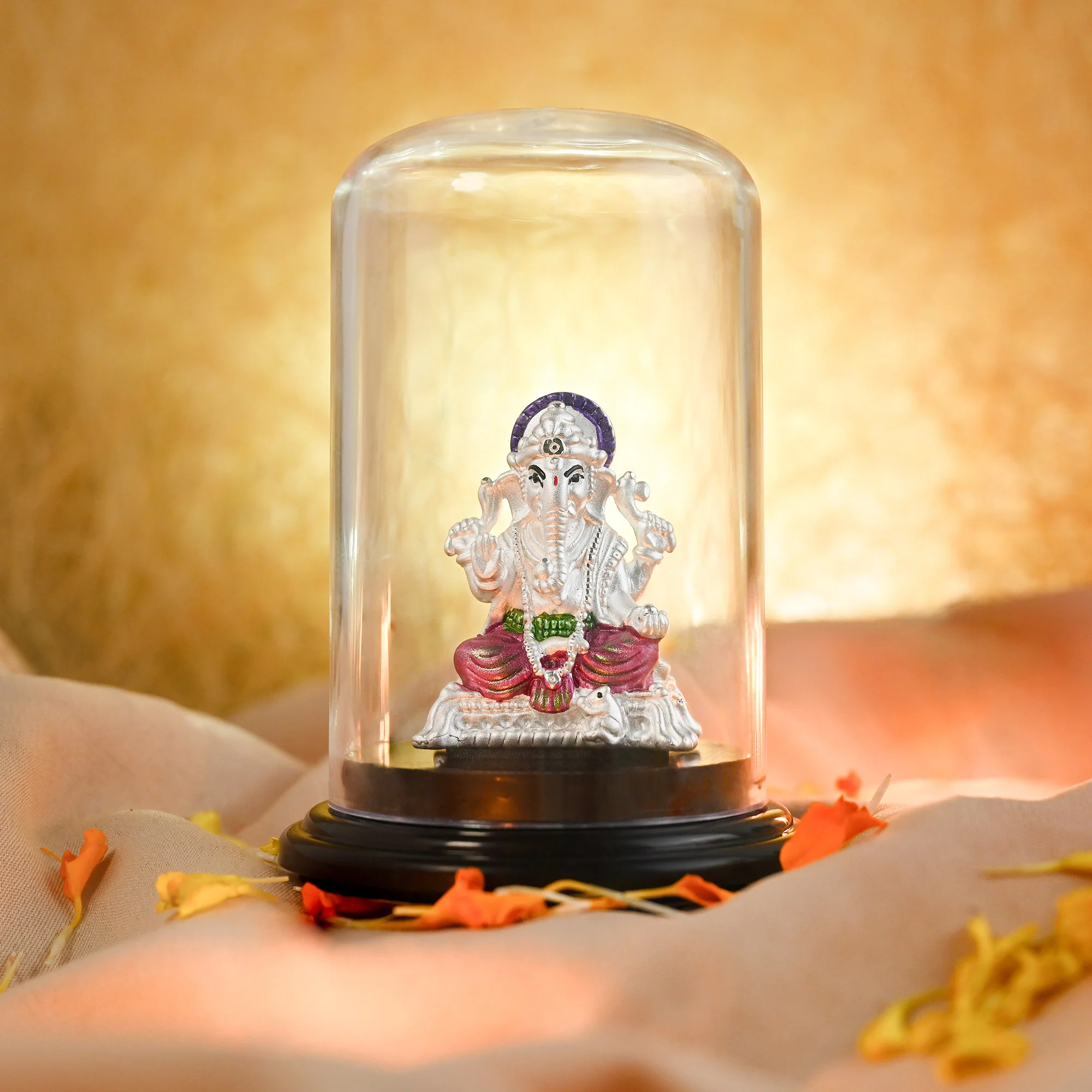 999 Silver multicolour Glass Dome Ganesha Idol - Image 3