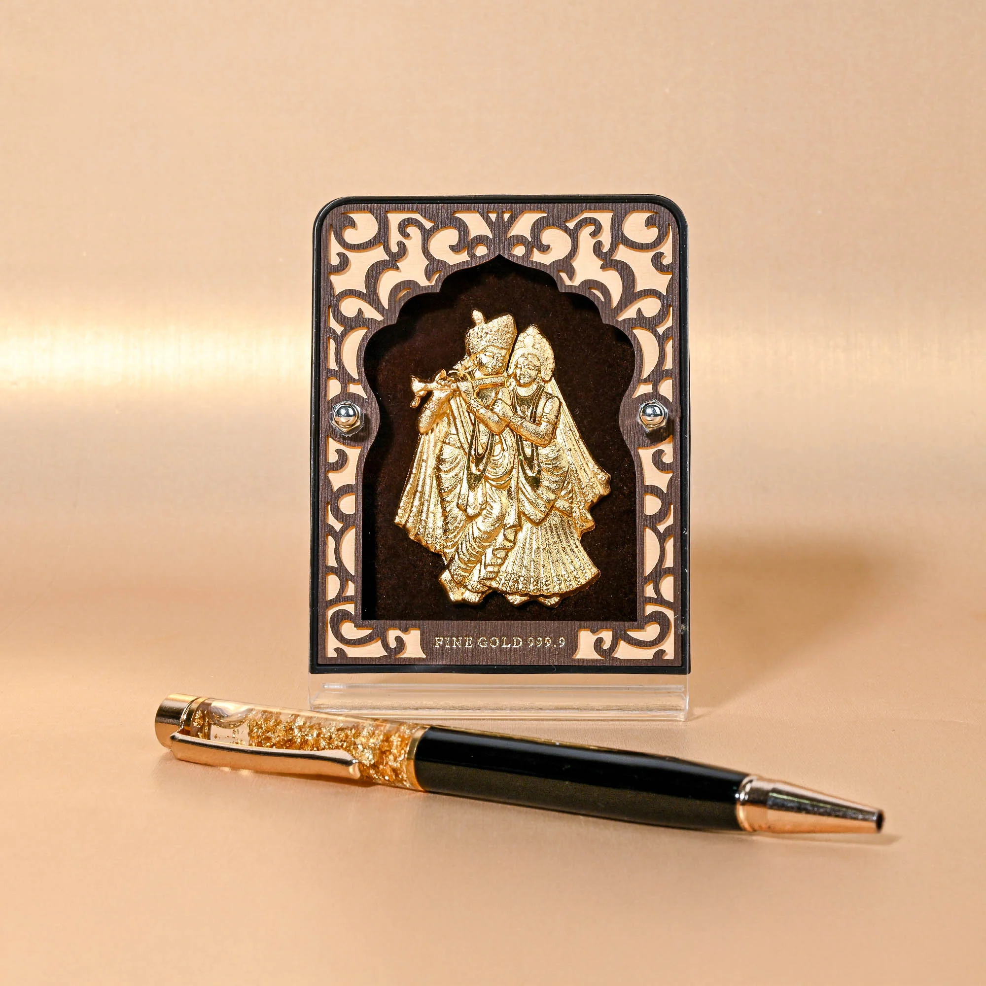 24K Gold Radha Krishna Frame With Decorative Pen Gift Box - Image 4